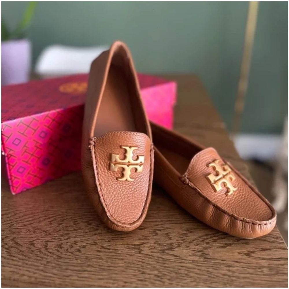 NEW! Tory Burch Everly Driver -Royal Tan Brown Tumble Leather Loafers